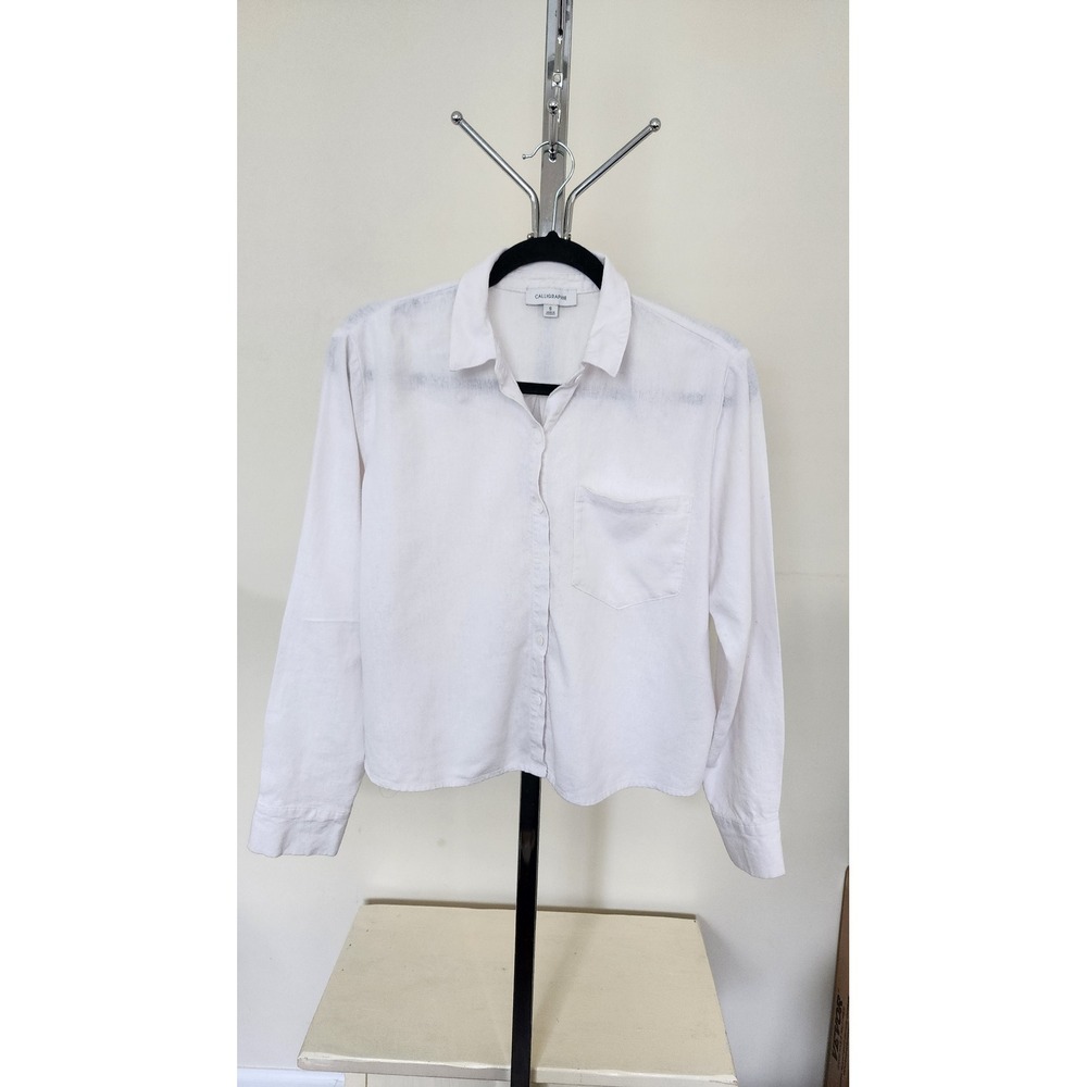 Calligraphie Womens White Linen Blend Button Down Pocket Old MoneyShirt Size S